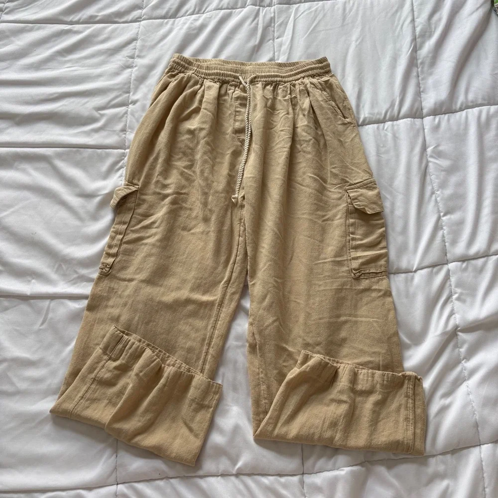 Free People Tan Linen Blend Cargo Pants Wide Leg Khaki XS Gorpcore Boho Beachy